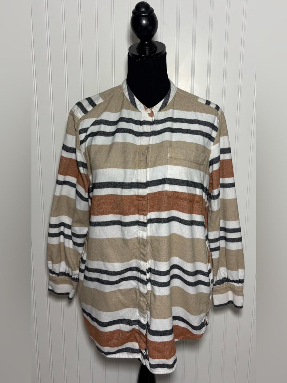 Lands End Striped Flannel Button Up Short Women’s Size Large Cabincore Granola